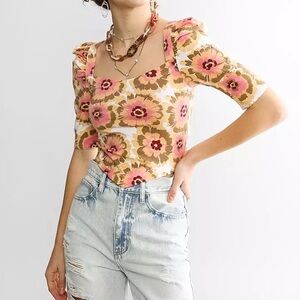 FREE PEOPLE Give Me More Top - Size XS - Floral Cropped Boho Blouse - NWT